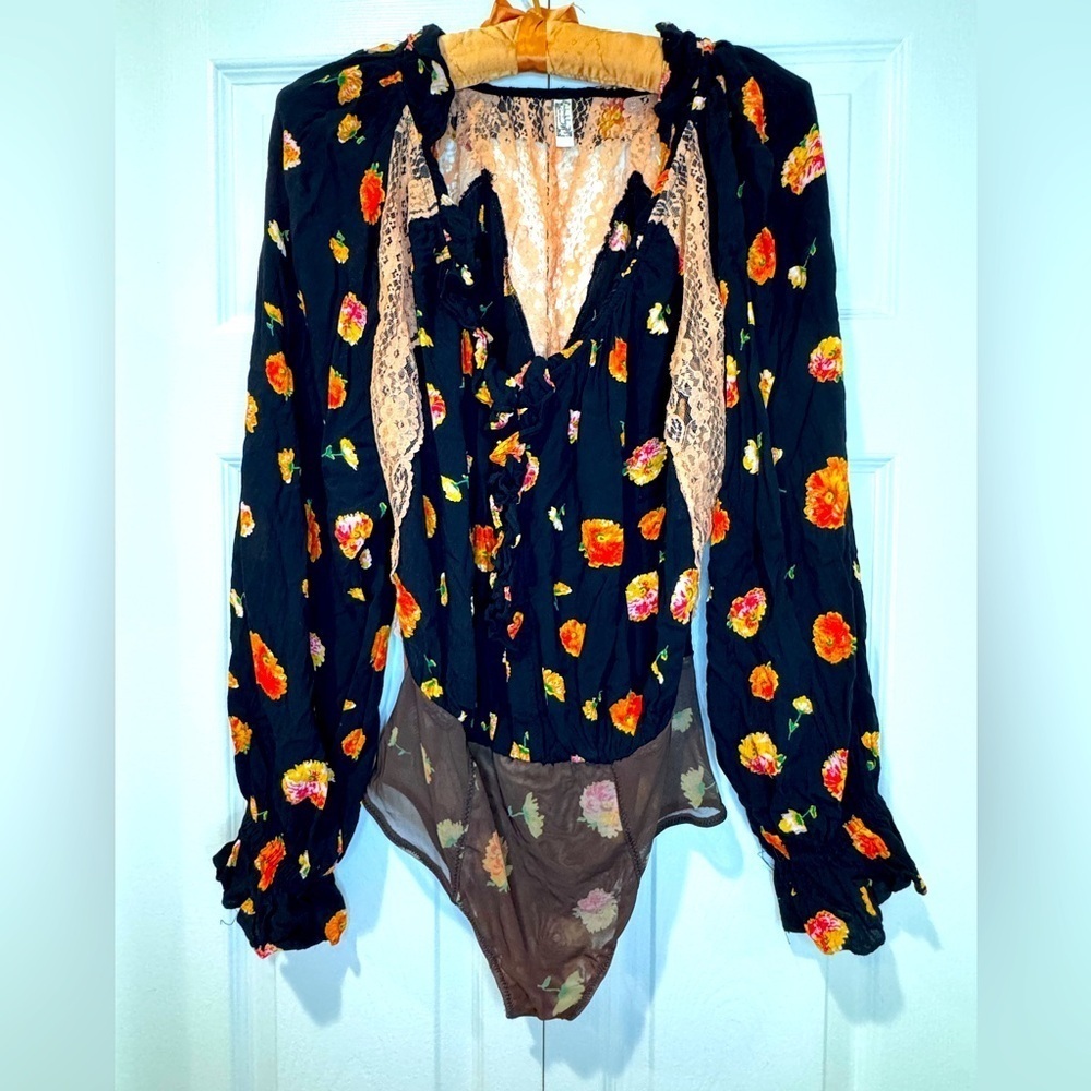 Free People Poppy Printed Bodysuit Black Size XS VVGUC